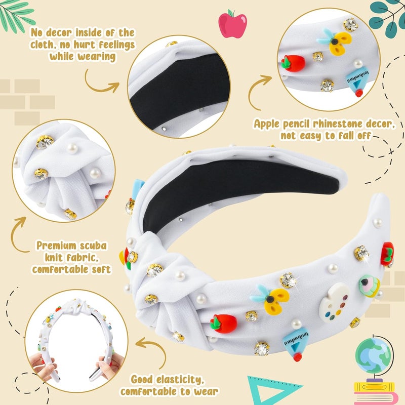 PANTIDE Teacher Jeweled Knotted Headband - Christmas Gift Apple Pencil Rhinestone Pearl Embellished Headband Wide Top Knot Hair Accessories Teacher Appreciation Birthday for Women Girls (White) - Image 3